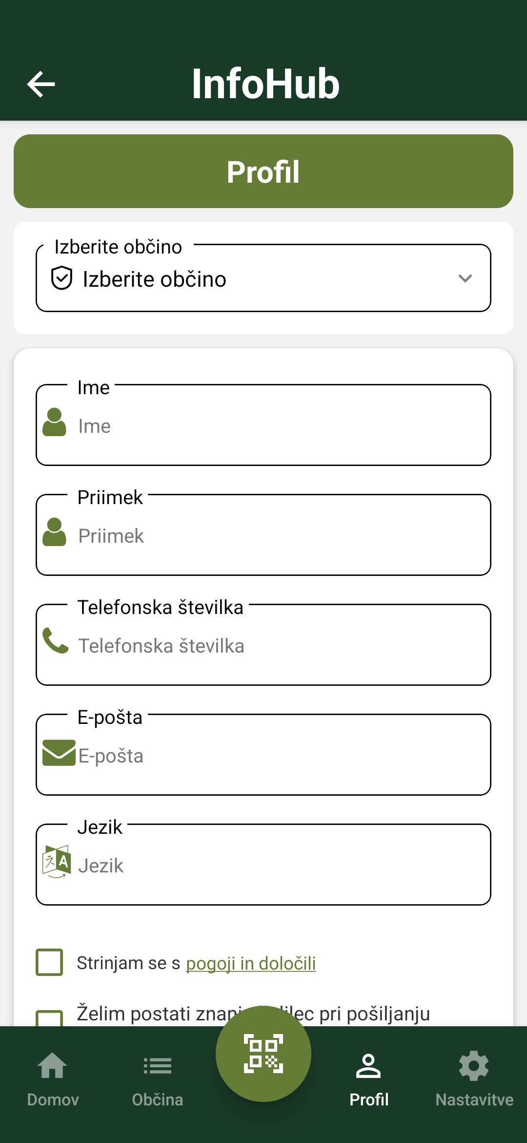 InfoHub app – choosing a municipality